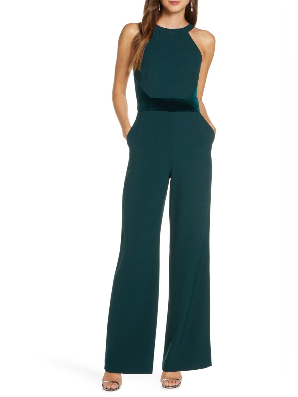 Vince Camuto Hunter Green Velvet Halter Wide Leg Jumpsuit Size 14